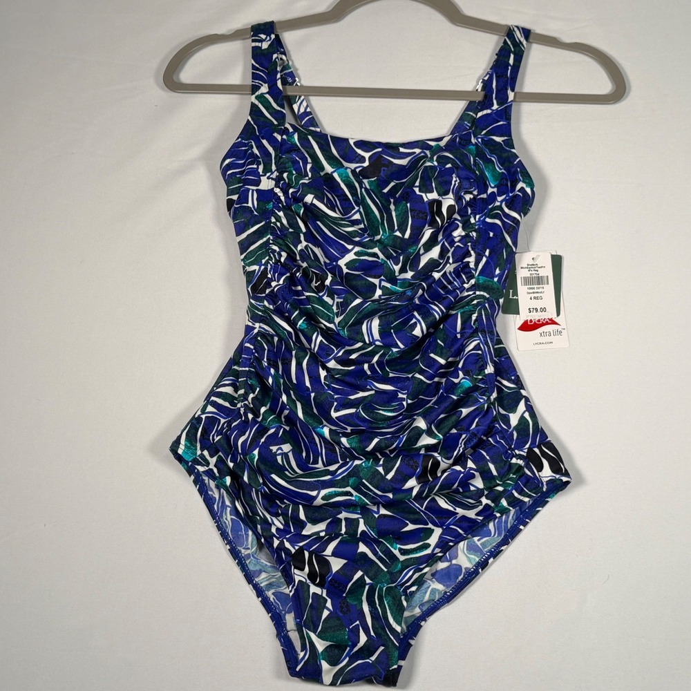 LL Bean Swimsuit Women Size 4 Blue Tropical One Piece Sunblocking UPF 50 Coastal - Picture 9 of 9